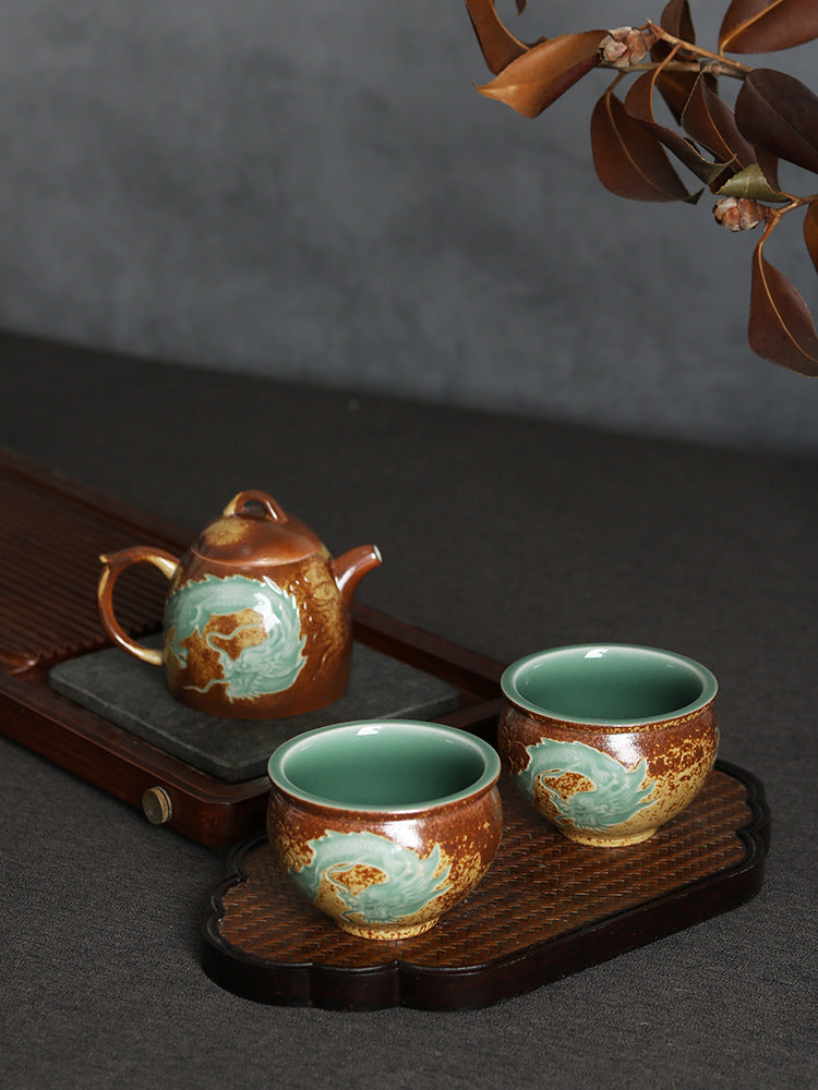 Longquan Vegetable Gray Glazed Double Glazed Fengshui Cylinder, Flying Dragon, Celadon Master Cup, Ge Kiln Ceramic Panlong Tea Cup