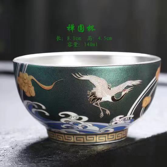 999鎏银杯主人杯、茶碗、珐琅彩陶瓷品茗杯、鎏银杯套装