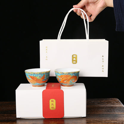 Enamel colored dragon and phoenix pair cup gift box, palace style ceramic master cup