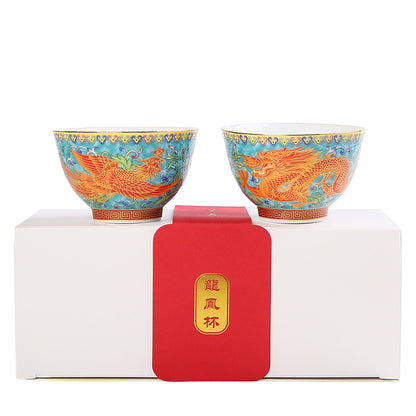 Enamel colored dragon and phoenix pair cup gift box, palace style ceramic master cup