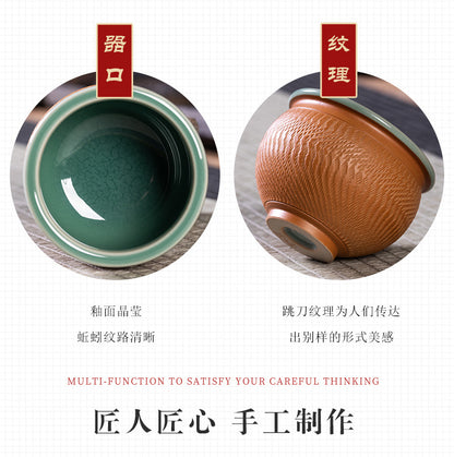 Longquan celadon pure hand-jumping knife double glaze combined with Fengshui cylinder