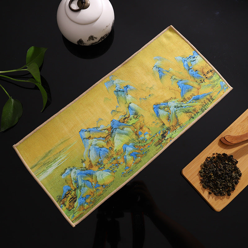 New thickened suede tea towel, tea cup and tea mat cloth, Chinese-style painted national tide ancient style raising pot absorbent tea towel 【Gift】