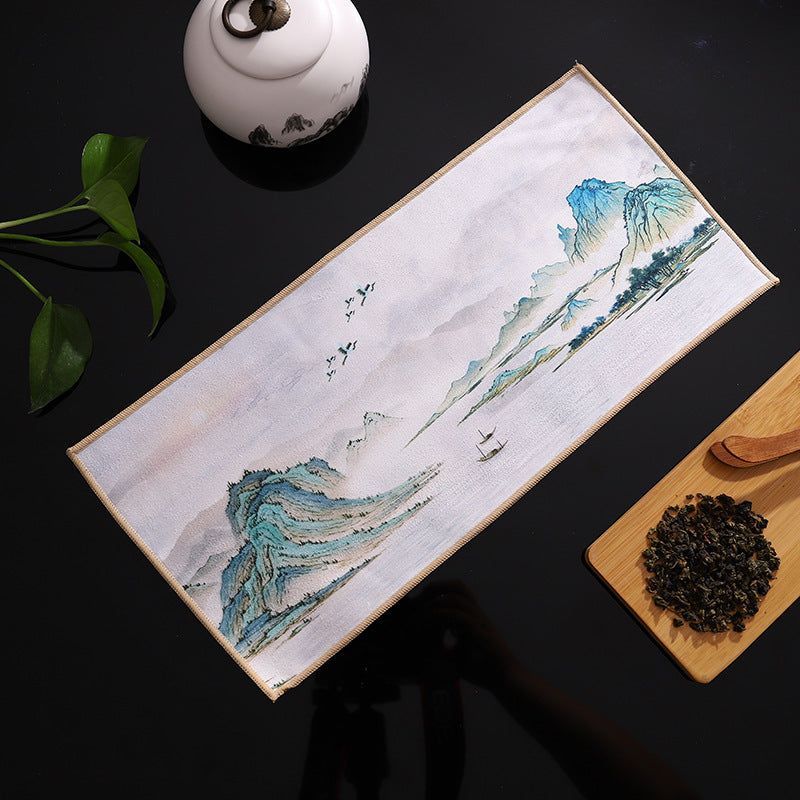 New thickened suede tea towel, tea cup and tea mat cloth, Chinese-style painted national tide ancient style raising pot absorbent tea towel 【Gift】