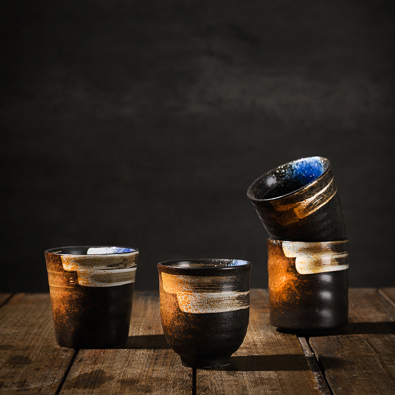 陶瓷复古茶杯、水杯、粗陶手绘杯子、日式功夫茶杯