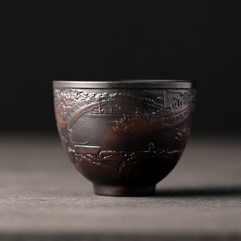 紫陶主人杯、单杯茶盏、纯手工雕刻主人杯、坭兴陶