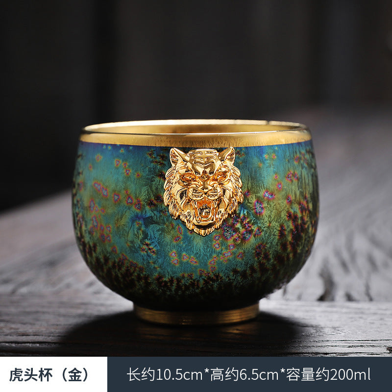 七彩窑变建盏、鎏金茶杯盏、陶瓷中式主人杯、鎏金品茗杯