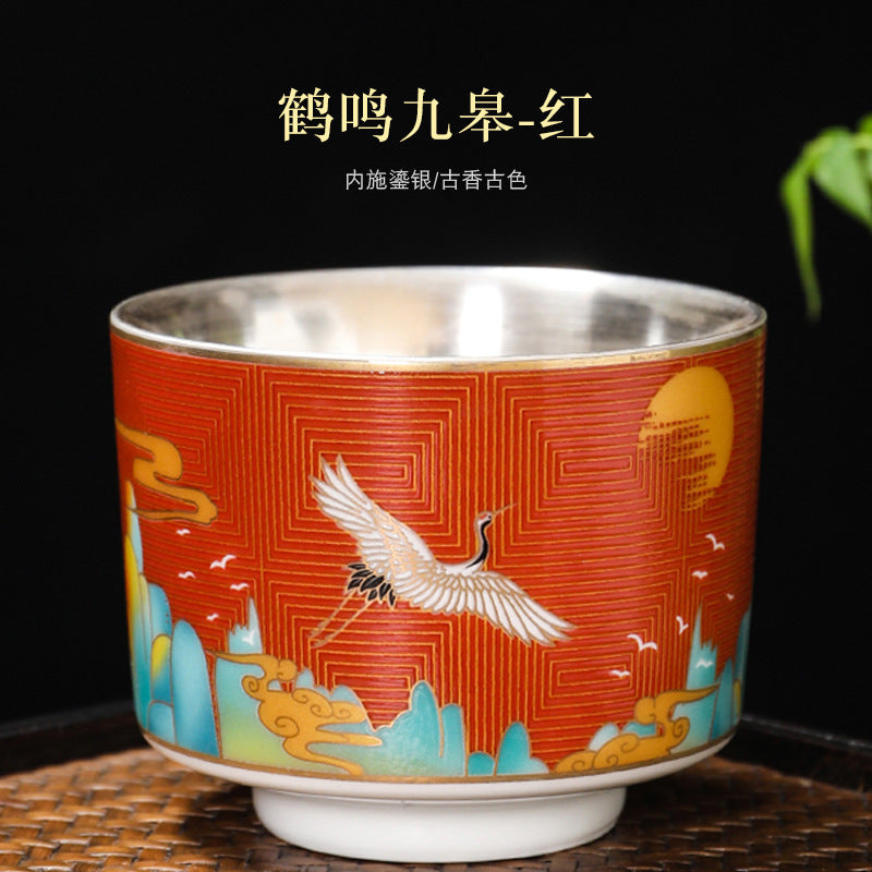 Enamel silver teacup, 999 sterling silver liner Ruihe teacup, Kung Fu tea set master cup set gift box