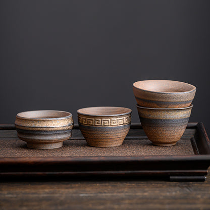 Ancient roasted rough pottery tea cups, semi-handmade Japanese tea bowls, ceramic master cups, gilded unglazed