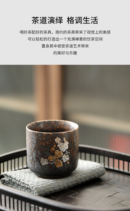 柴烧杯窑变主人杯、复古铁锈釉陶瓷茶碗茶盏杯、品茗杯