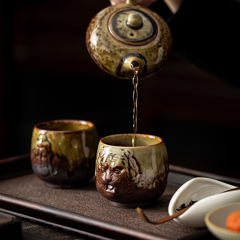 仿古柴烧主人杯、复古陶瓷茶杯、日式窑变斗笠杯