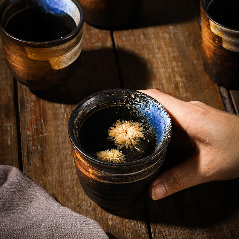 陶瓷复古茶杯、水杯、粗陶手绘杯子、日式功夫茶杯