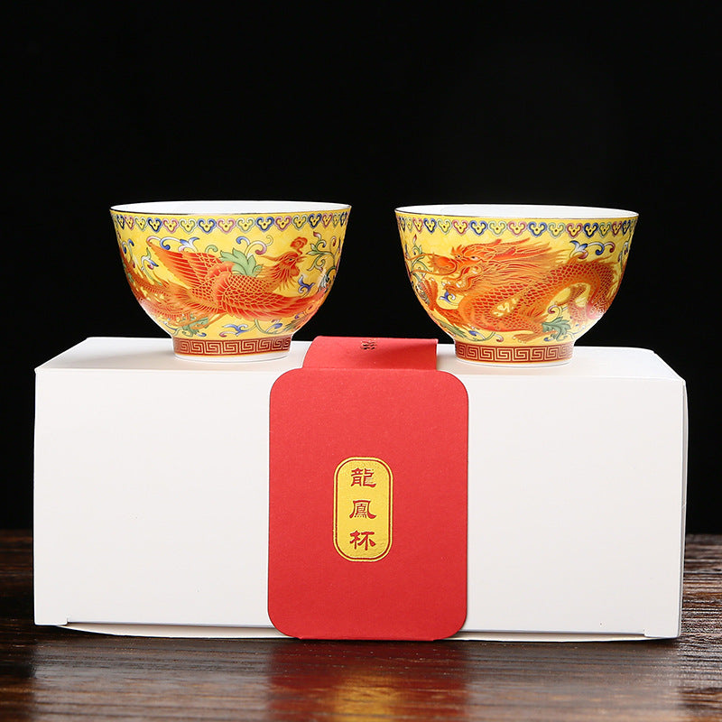 Enamel colored dragon and phoenix pair cup gift box, palace style ceramic master cup