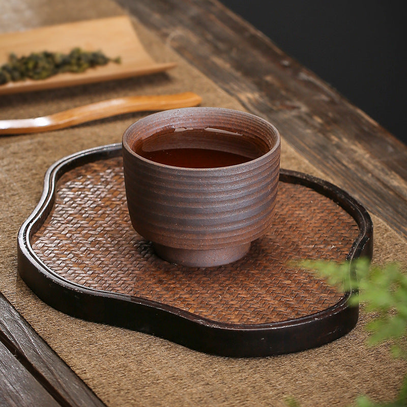 Retro handmade rough pottery large teacup, bamboo hat ceramic master cup, tea cup