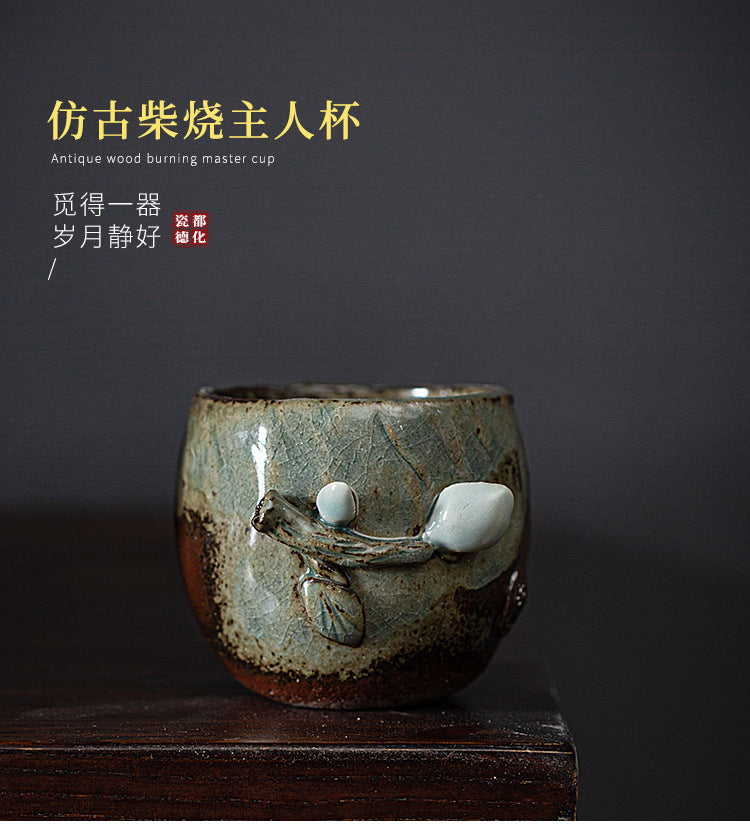 Pure hand-kneaded flower antique firewood raw ore cup