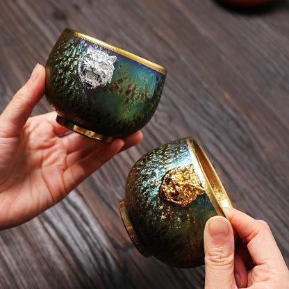 七彩窑变建盏、鎏金茶杯盏、陶瓷中式主人杯、鎏金品茗杯