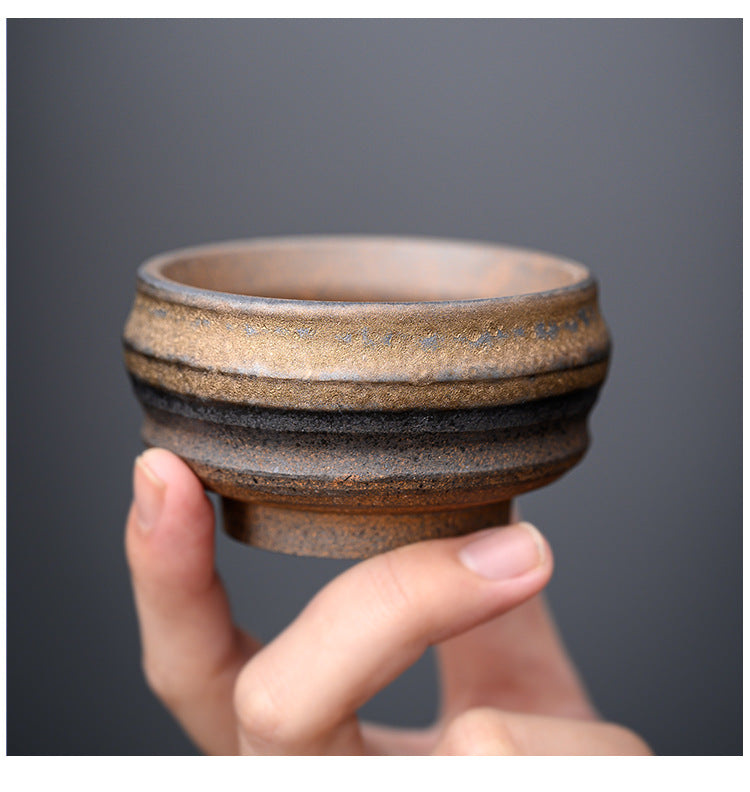 Ancient roasted rough pottery tea cups, semi-handmade Japanese tea bowls, ceramic master cups, gilded unglazed