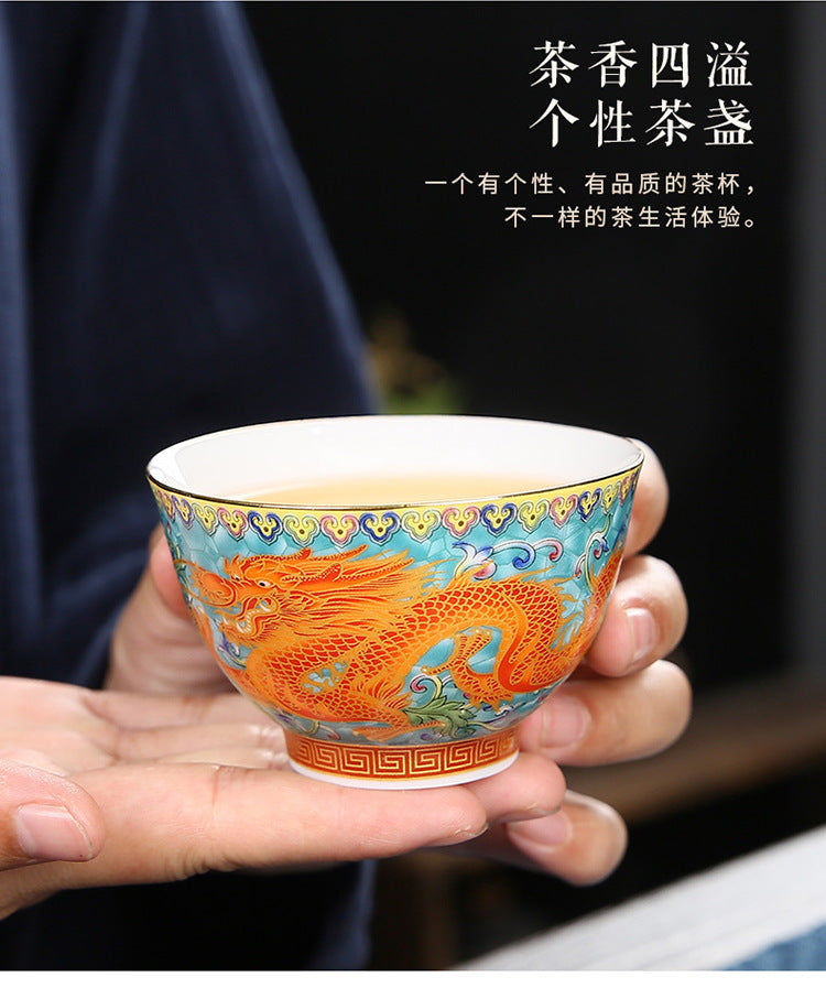 Enamel colored dragon and phoenix pair cup gift box, palace style ceramic master cup