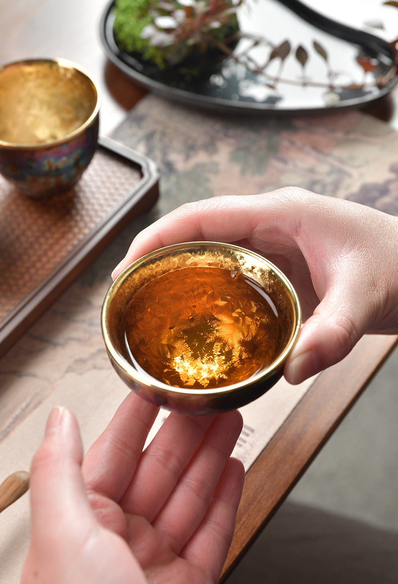 七彩鎏金茶杯建盏、窑变主人杯、品茗杯、功夫陶瓷茶盏茶碗