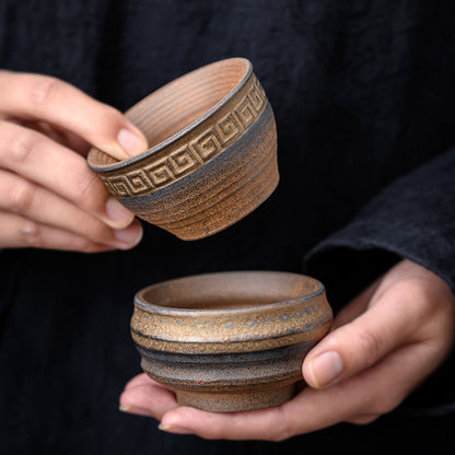 Ancient roasted rough pottery tea cups, semi-handmade Japanese tea bowls, ceramic master cups, gilded unglazed