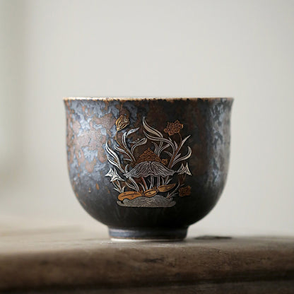 柴烧杯窑变主人杯、复古铁锈釉陶瓷茶碗茶盏杯、品茗杯