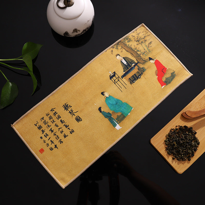 新款加厚麂皮绒茶巾、茶杯茶垫布、中式彩绘国潮古风养壶吸水茶巾【赠品】