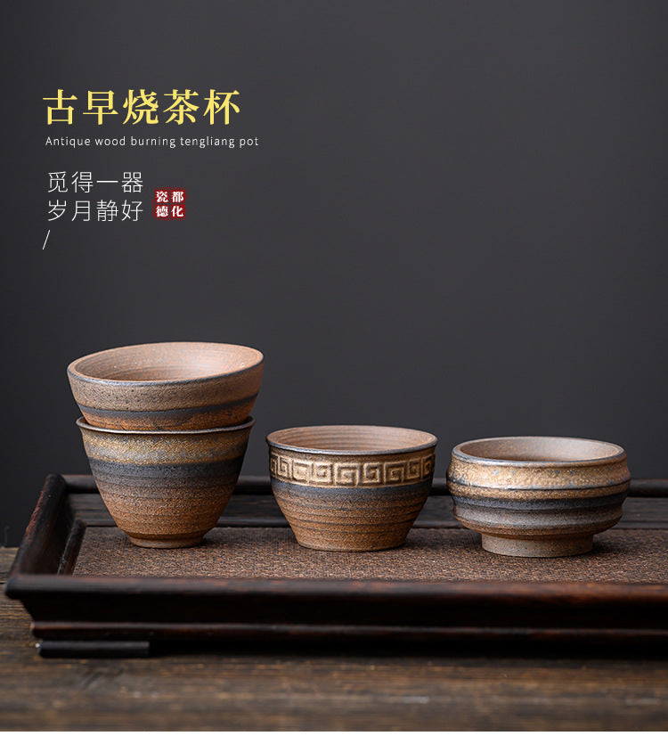 Ancient roasted rough pottery tea cups, semi-handmade Japanese tea bowls, ceramic master cups, gilded unglazed