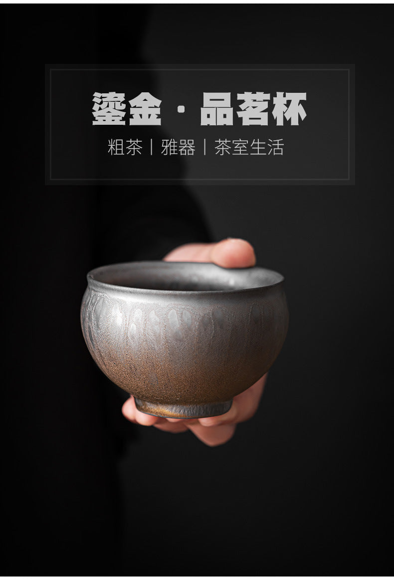 粗陶茶杯主人杯、鎏金窑变品茗杯、陶瓷复古大号茶碗