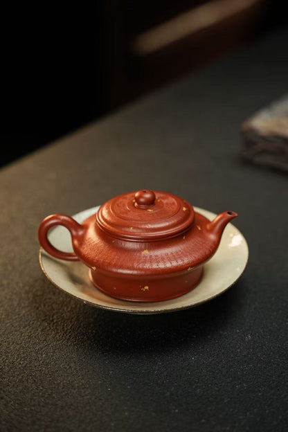 全手工原礦粗砂朱泥高虛扁紫砂壺「20250827每日特價」