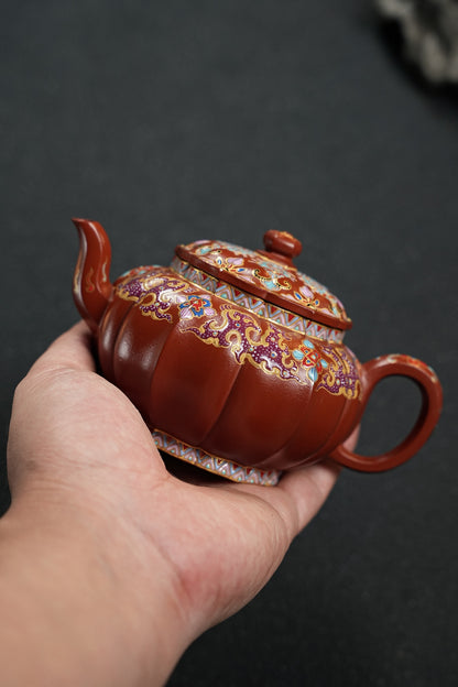 全手工極品朱泥琺瑯彩筋紋宮燈寶相紫砂壺「20250827每日特價」