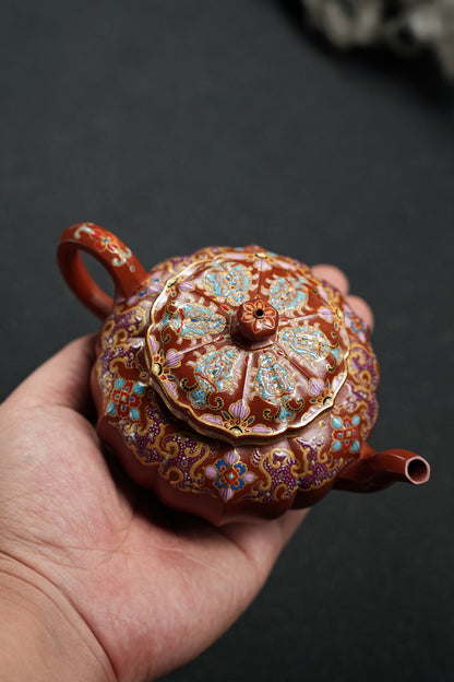 全手工極品朱泥琺瑯彩筋紋宮燈寶相紫砂壺「20250827每日特價」