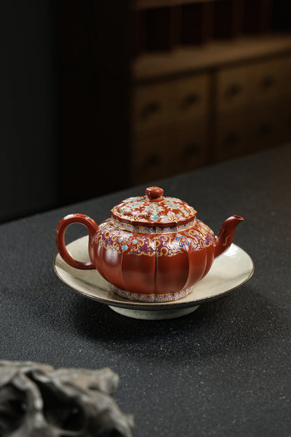 全手工極品朱泥琺瑯彩筋紋宮燈寶相紫砂壺「20250827每日特價」