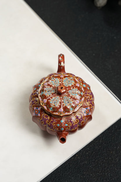 全手工極品朱泥琺瑯彩筋紋宮燈寶相紫砂壺「20250827每日特價」