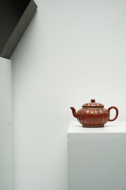 全手工極品朱泥琺瑯彩筋紋宮燈寶相紫砂壺「20250827每日特價」