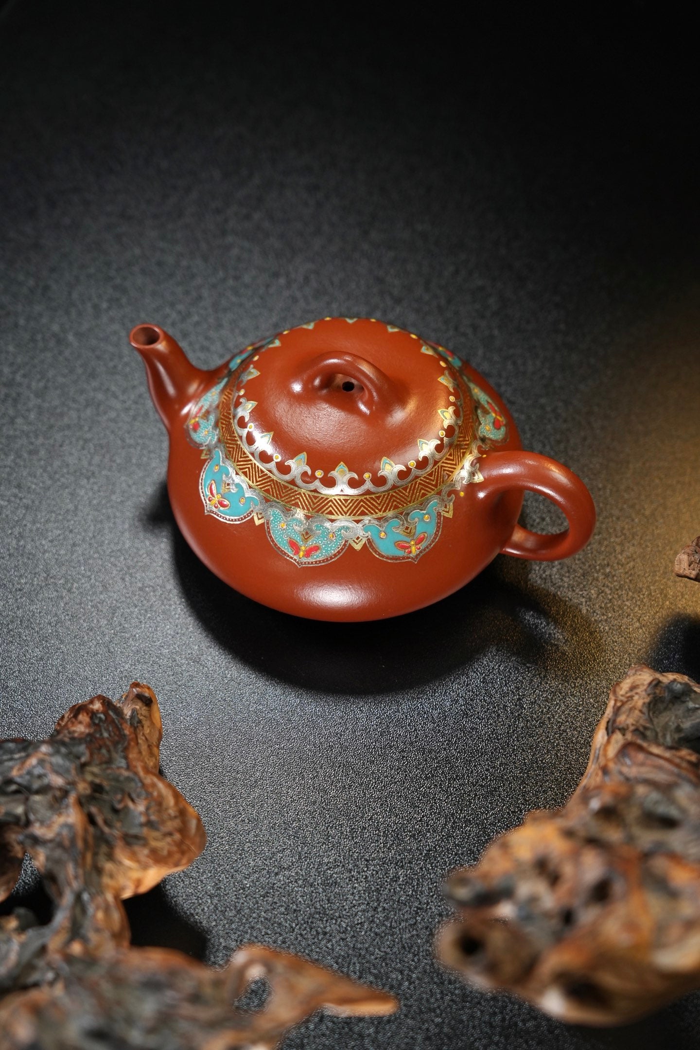 原礦極品朱泥金銀錯手工琺瑯彩漢棠石瓢紫砂壺「20260422每日特價」